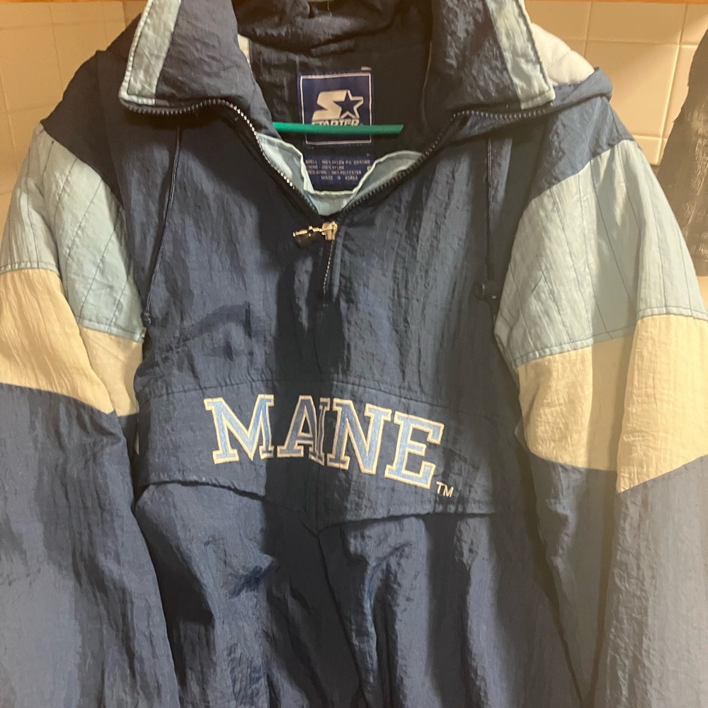Vintage Starter Blue Nylon Jacket University Of Maine Black Bears with hood